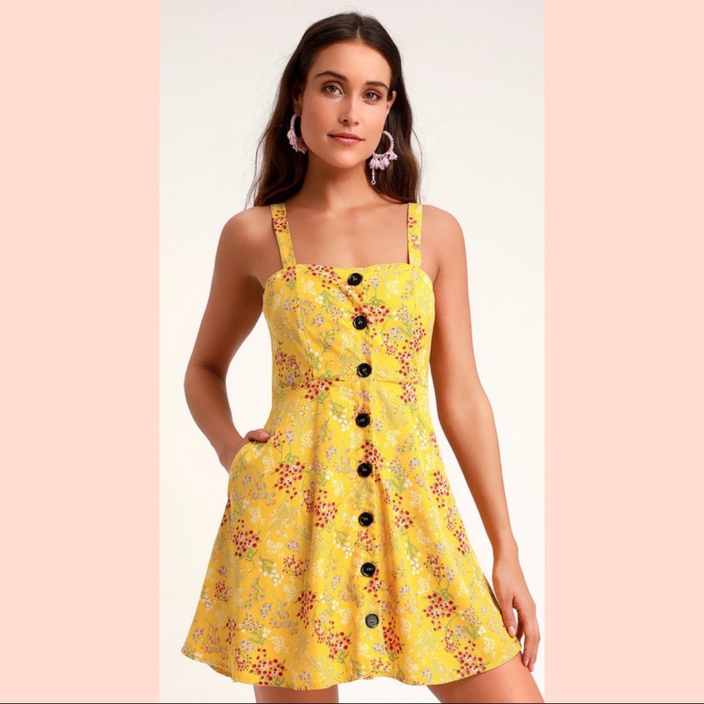 Yellow Floral Print Button-Up Skater Dress